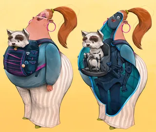 Character carrying a small dog in front carrier with anatomical view by Tom Bonson