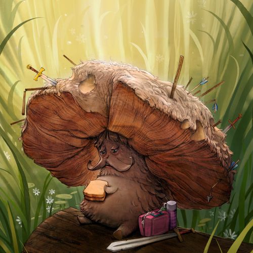 Whimsical creature with mushroom hat holding bread next to sword and bag by Tom Bonson
