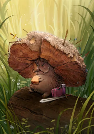 Whimsical creature with mushroom hat holding bread next to sword and bag by Tom Bonson