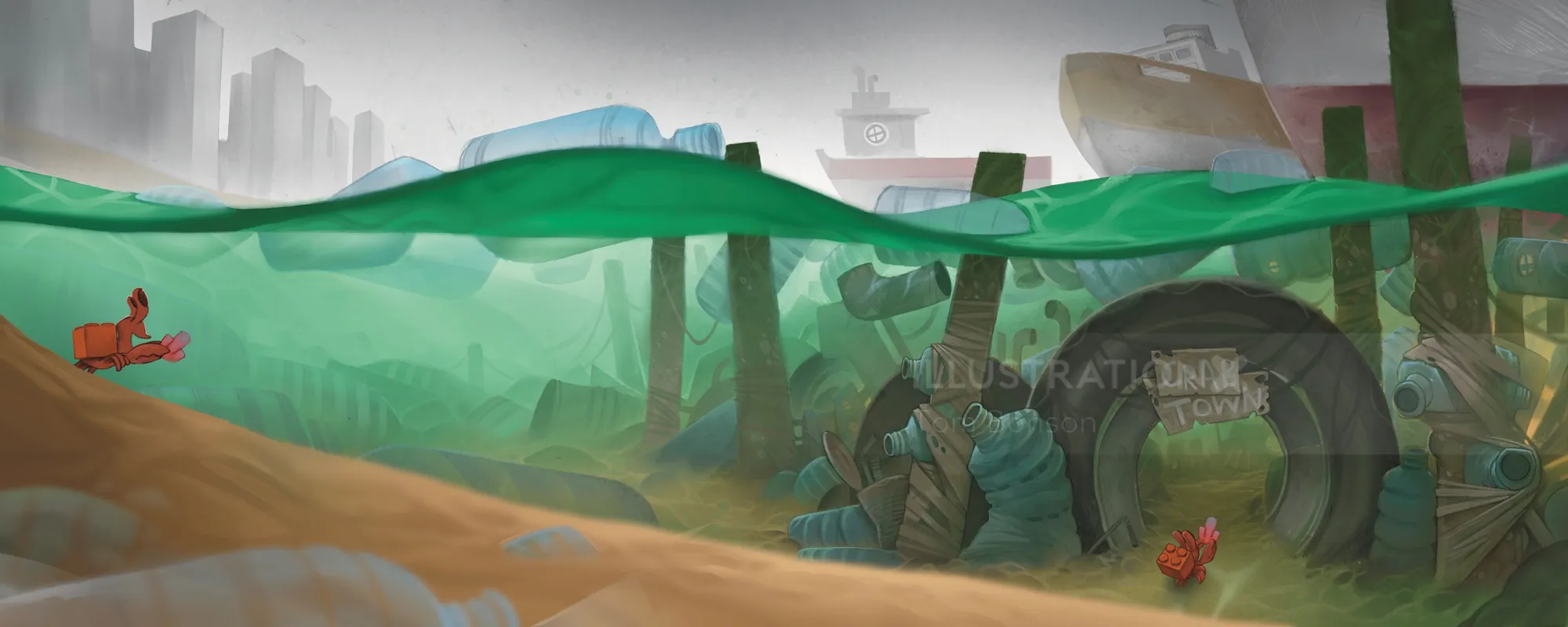 Underwater urban debris scene with green canopy by Tom Bonson