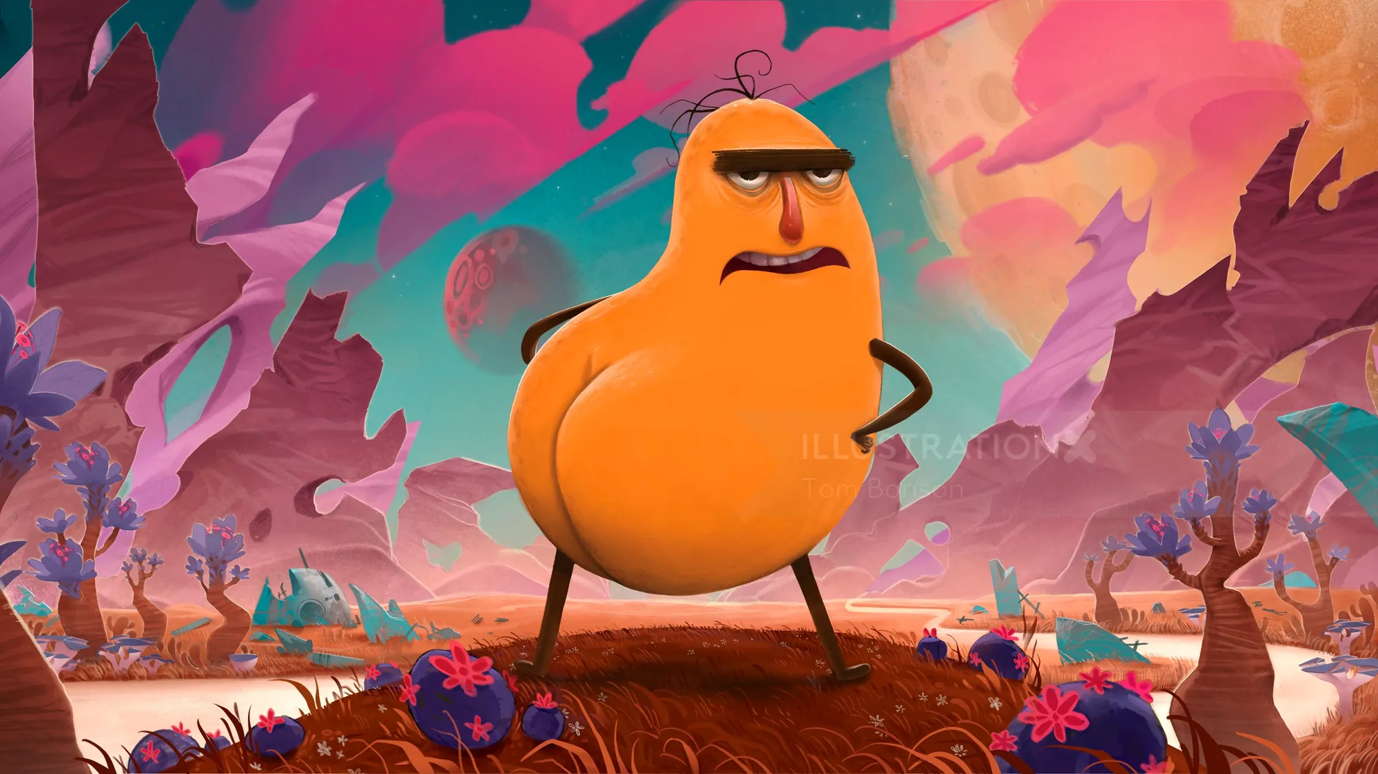 Confident orange creature on colorful alien landscape by Tom Bonson