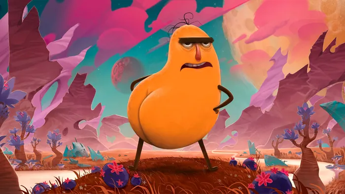Confident orange creature on colorful alien landscape by Tom Bonson
