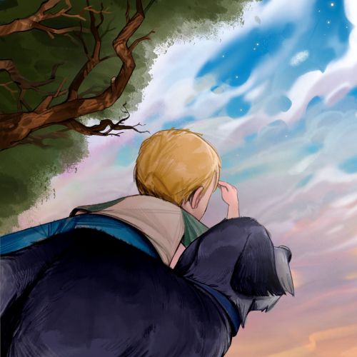 Boy and black dog watching birds flying in the sky by Tom Bonson