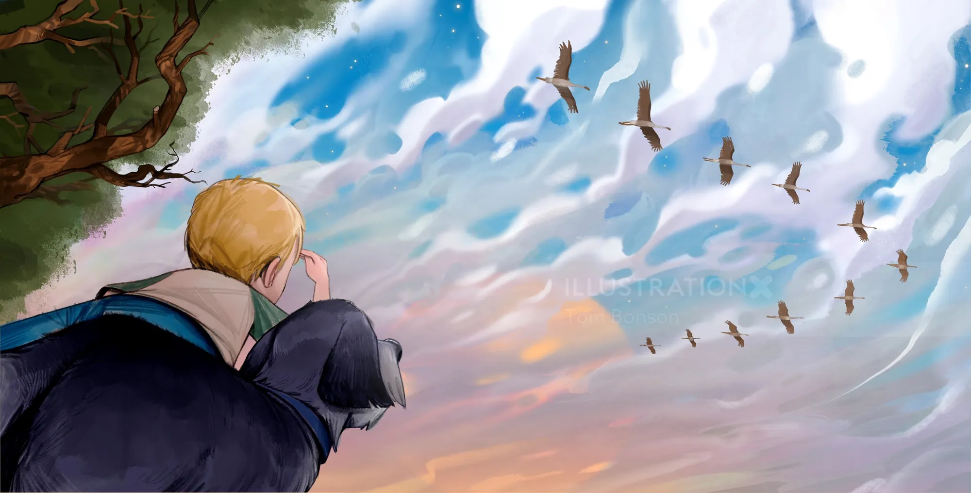 Boy and black dog watching birds flying in the sky by Tom Bonson