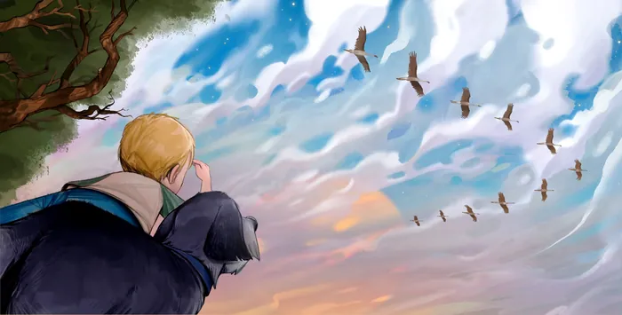 Boy and black dog watching birds flying in the sky by Tom Bonson