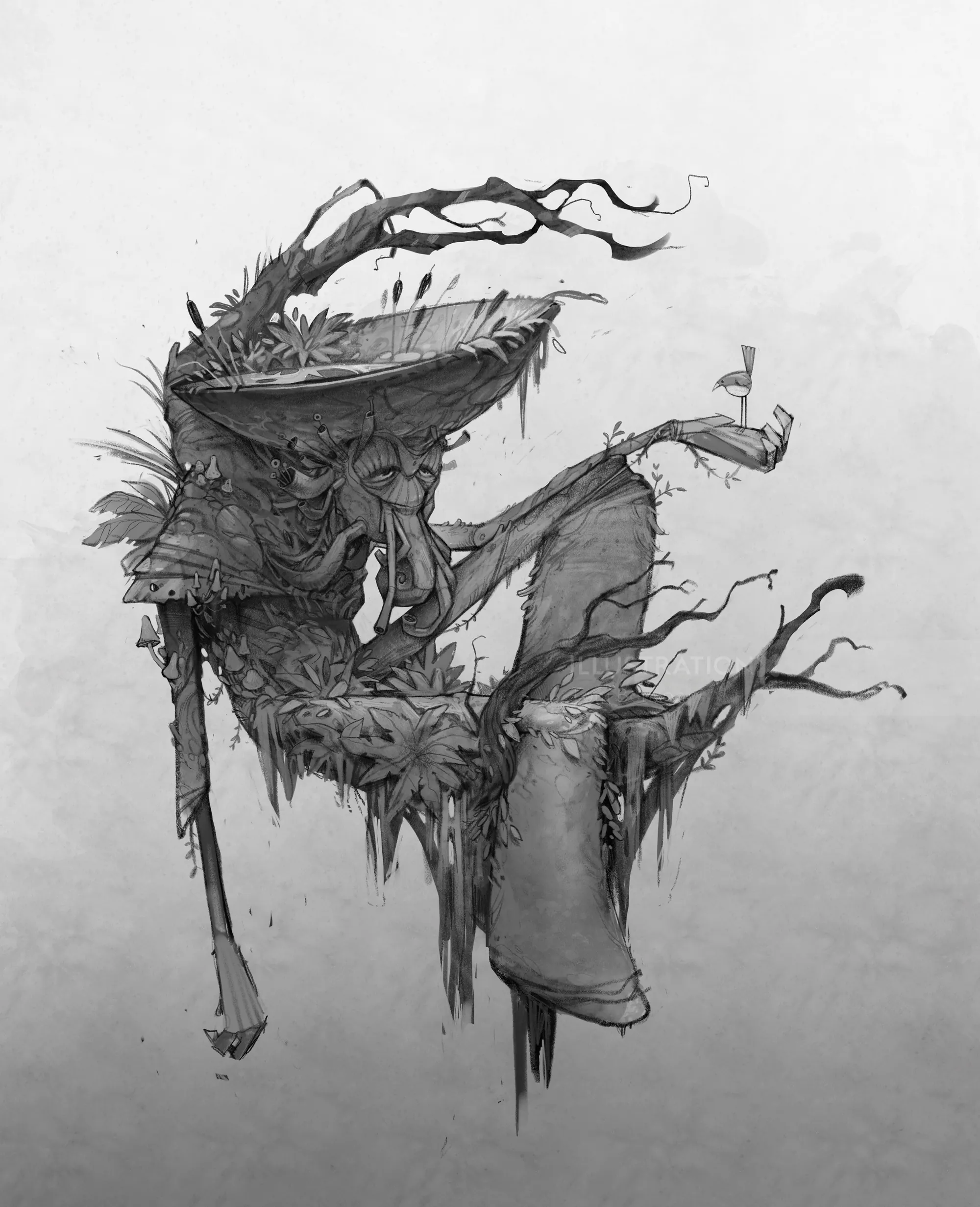 Verdrehtes Baumwesen mit Pfeife und verlängerten Gliedmaßen im Stil düsterer Fantasy.