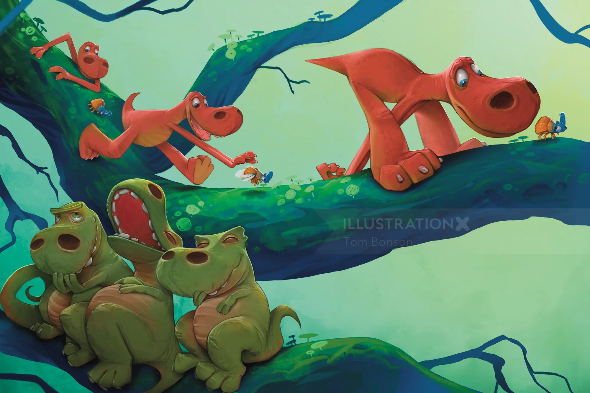 Animierte Dinosaurier spielen und entspannen auf großen Ästen