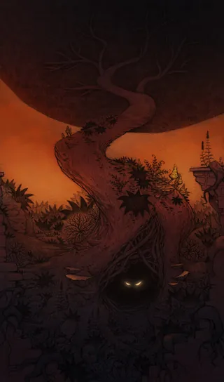 Tree with glowing eyes in dark forest surrounded by plants