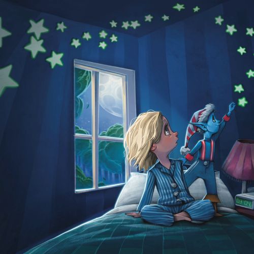 Child in pajamas playing with robot toy in bedroom with starry ceiling.