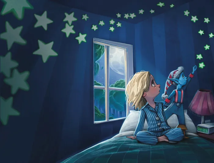 Child in pajamas playing with robot toy in bedroom with starry ceiling.