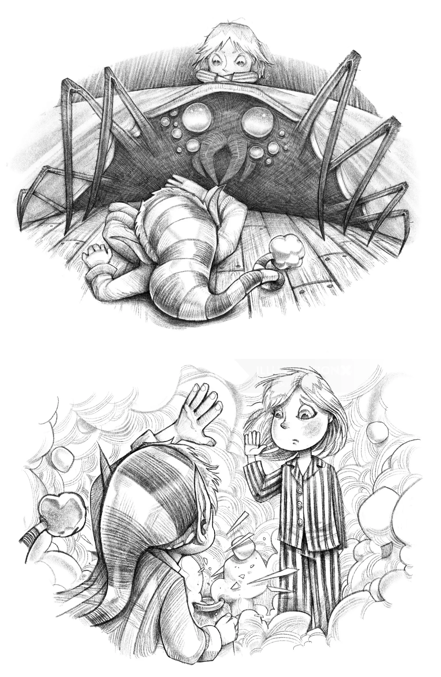 Ilustración de una araña gigante observando a un niño en pijama en dos escenas.