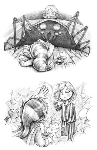 Illustration of a giant spider watching a child in pajamas in two scenes.