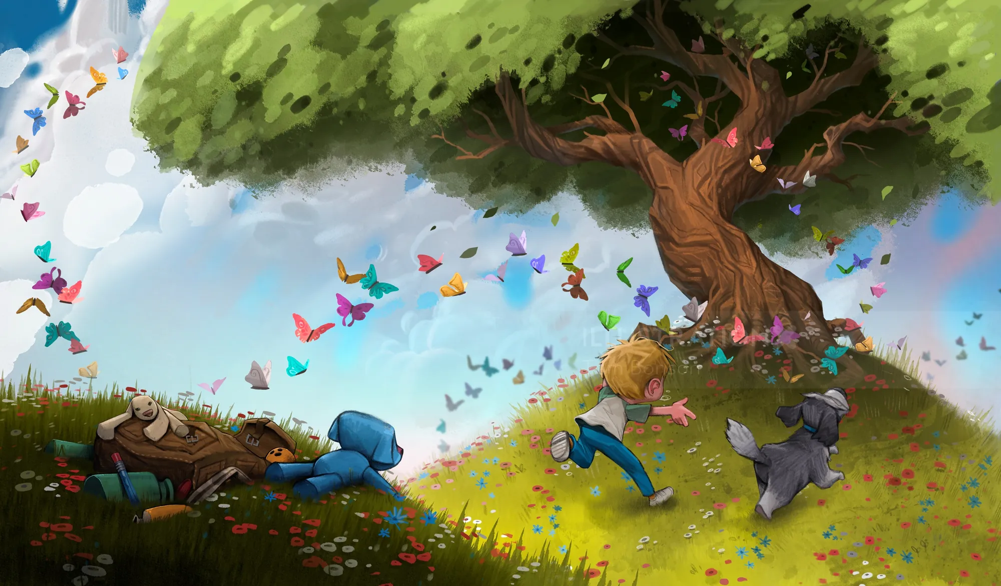 Kids running and chasing butterflies near a big tree on a sunny day.