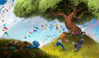 Kids running and chasing butterflies near a big tree on a sunny day.