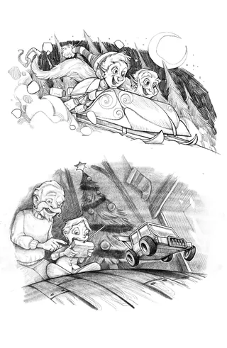 Children sledding in snow and building a toy car inside.