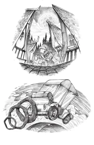 Sketch of man holding child in village and vintage car with giant pretzels