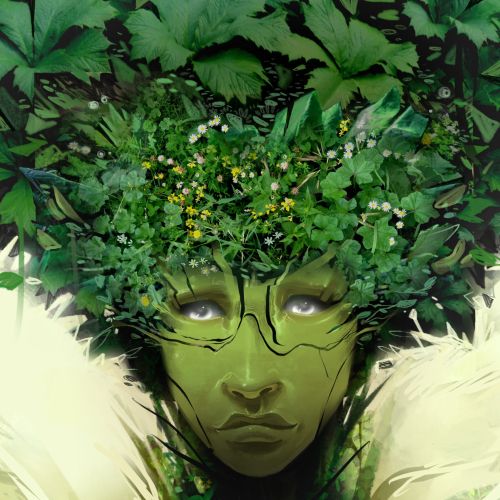 Portrait of a green nature spirit with leaves and flowers growing from face