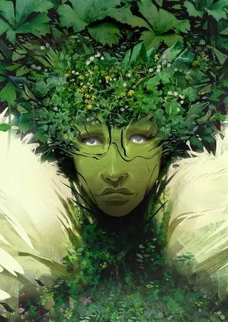 Portrait of a green nature spirit with leaves and flowers growing from face