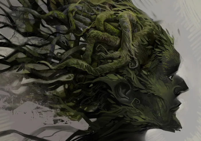 Profile of a face blending with twisted tree roots and branches