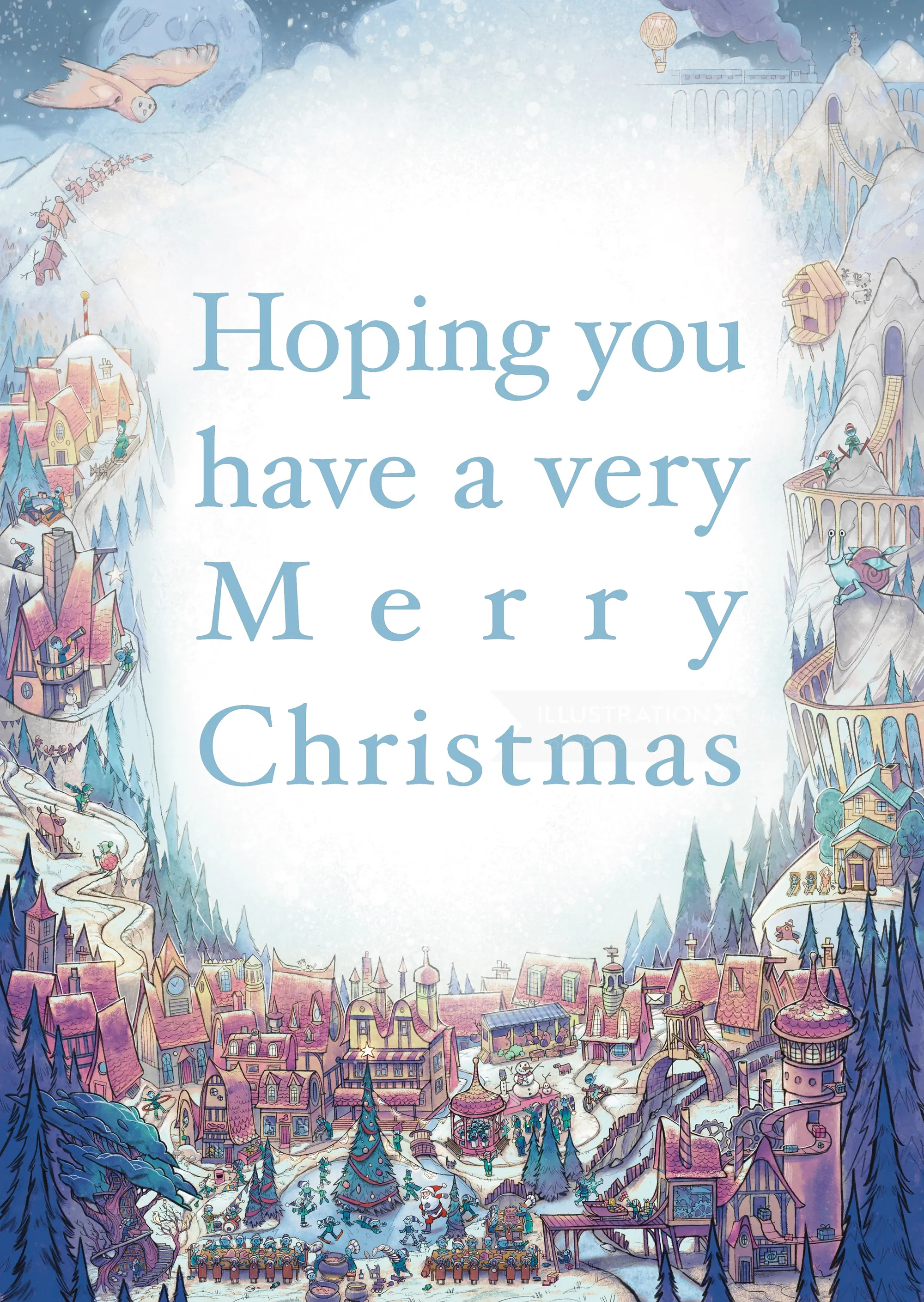 Winter village scene with Merry Christmas greeting in the center