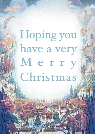 Winter village scene with Merry Christmas greeting in the center