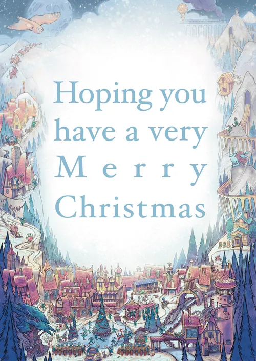 Winter village scene with Merry Christmas greeting in the center