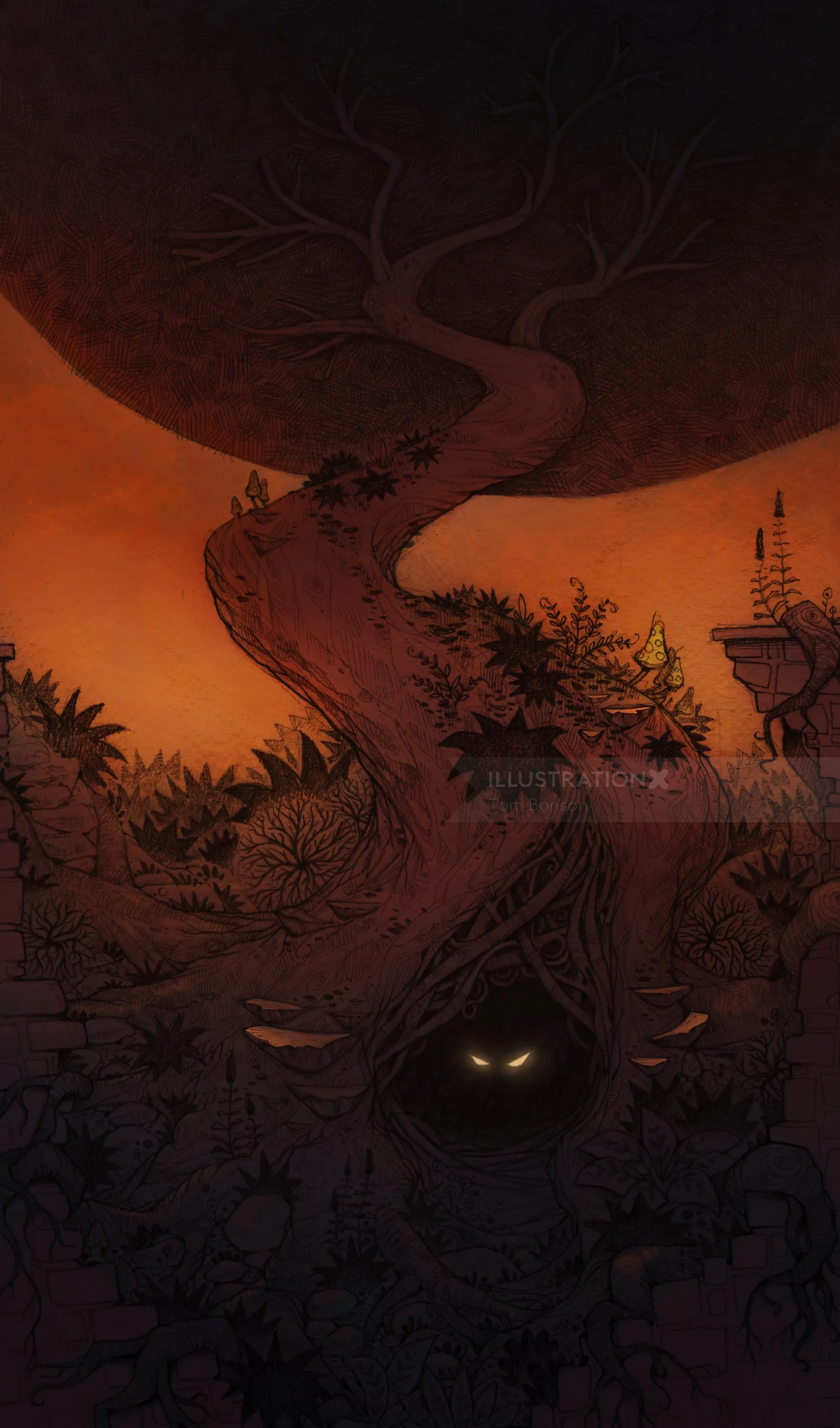 Twisted dark tree with glowing eyes and orange background