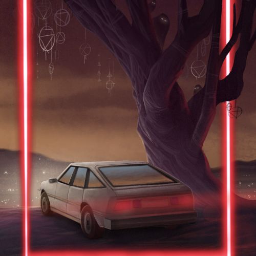 Car under a tree with neon red frame glowing at dusk