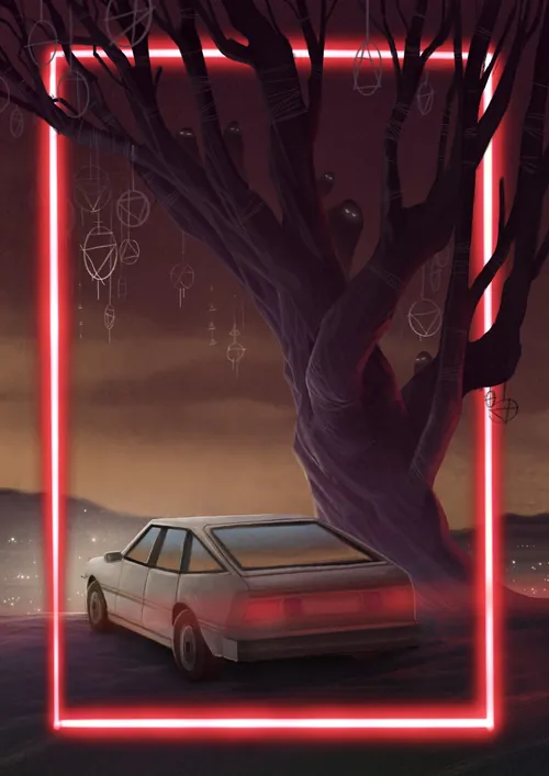 Auto unter einem Baum, dessen neonroter Rahmen in der Dämmerung leuchtet