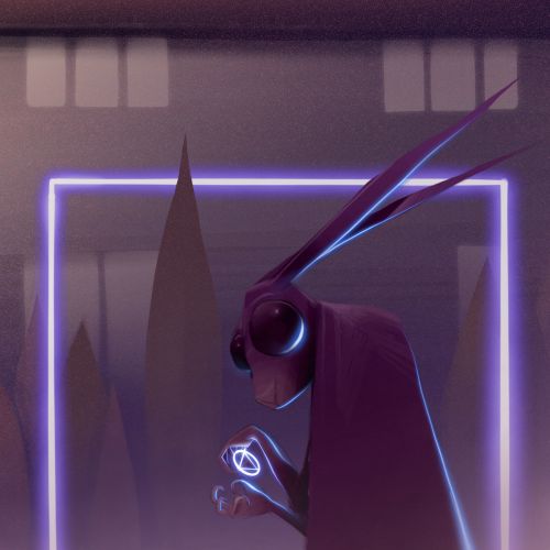 Dark creature with glowing eyes and long ears in neon frame