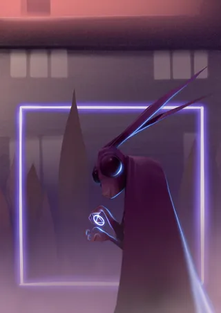Dark creature with glowing eyes and long ears in neon frame