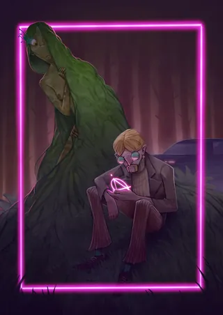 Man wearing a mask reading a glowing book with a cloaked creature behind him.