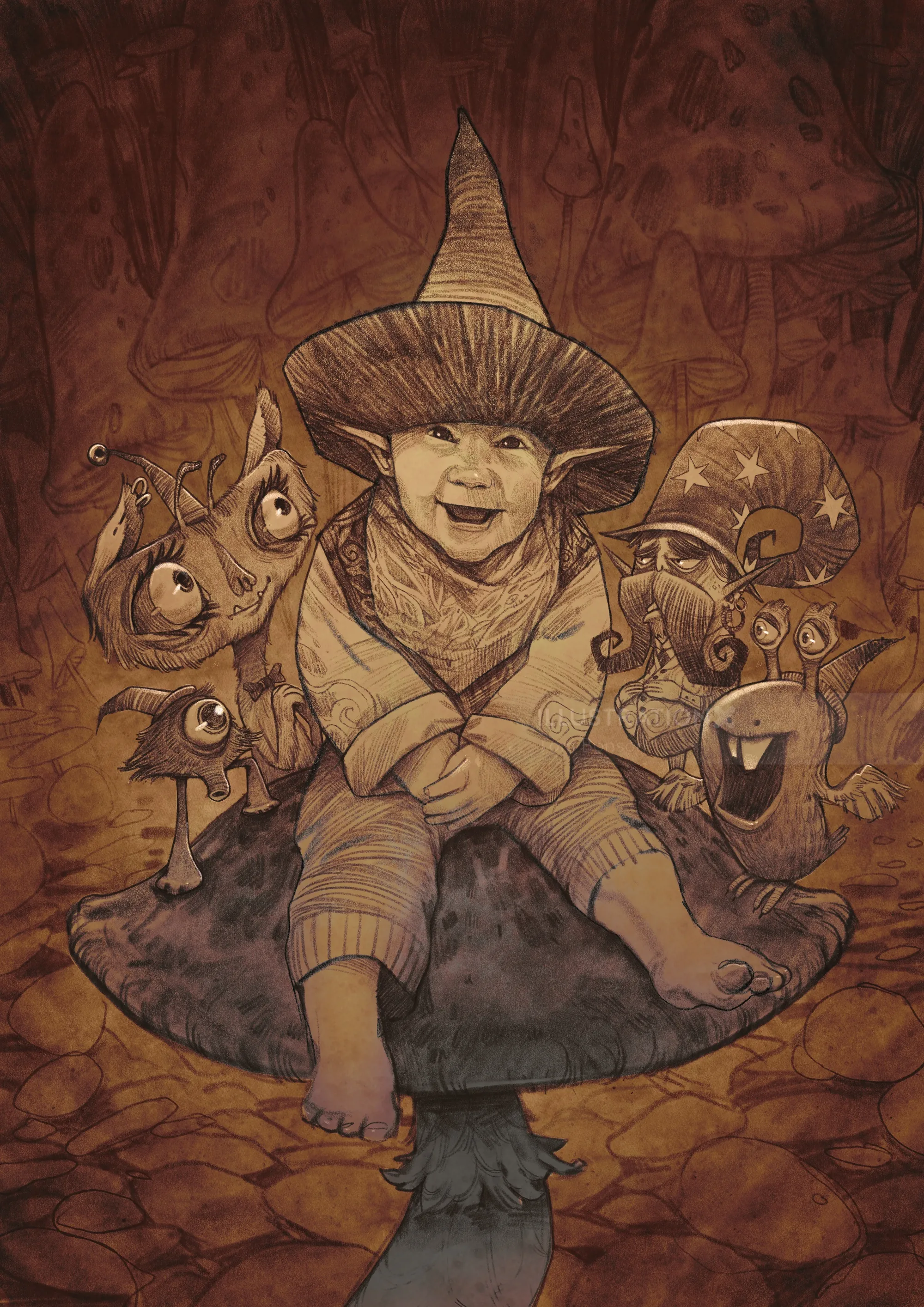 Child wearing witch hat sitting on mushroom surrounded by fantasy creatures