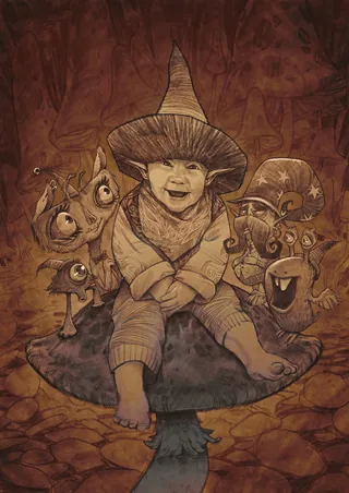Child wearing witch hat sitting on mushroom surrounded by fantasy creatures