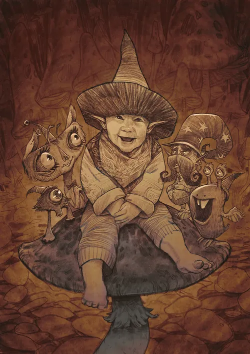 Child wearing witch hat sitting on mushroom surrounded by fantasy creatures