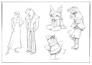 Pencil sketches of anthropomorphic animals wearing clothes in different poses.