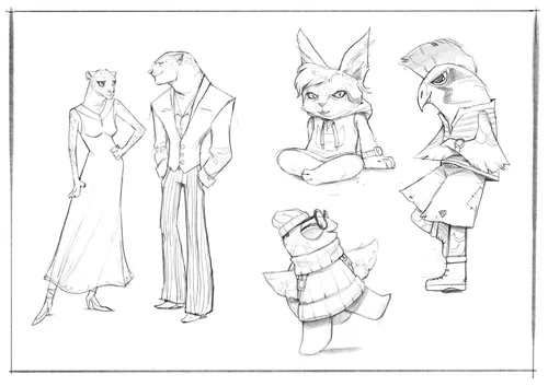 Pencil sketches of anthropomorphic animals wearing clothes in different poses.