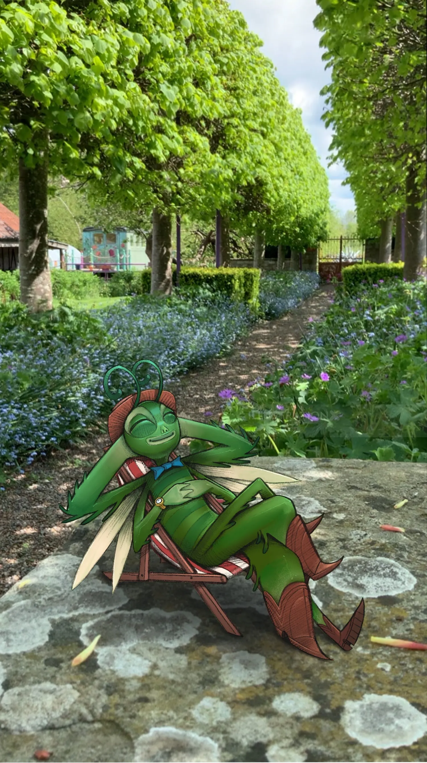 Green insect character lounging on a chair in a lush garden path