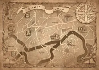 Old map showing city layout with beast icons and compass rose