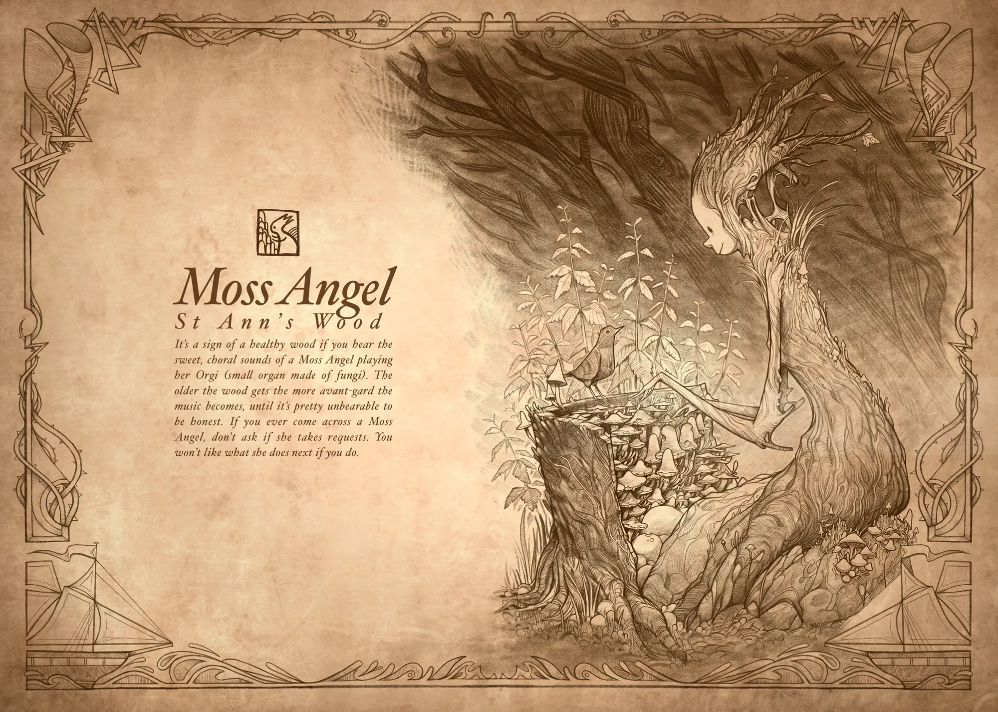 Moss-covered angel surrounded by leaves and mystical elements in sepia tones