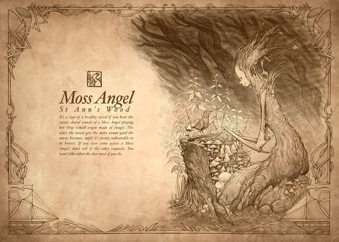 Moss-covered angel surrounded by leaves and mystical elements in sepia tones