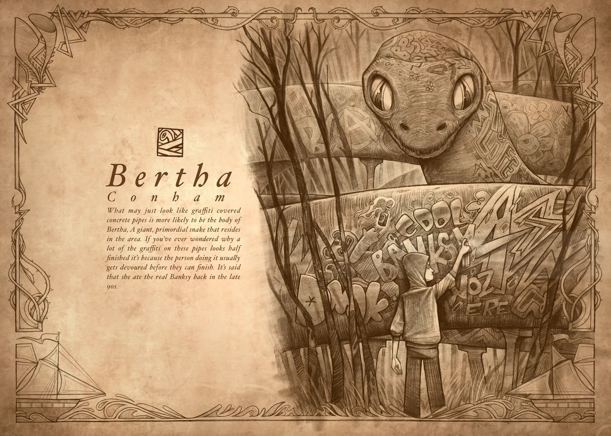 Giant turtle looking over a person writing on a chalk wall in sepia tones