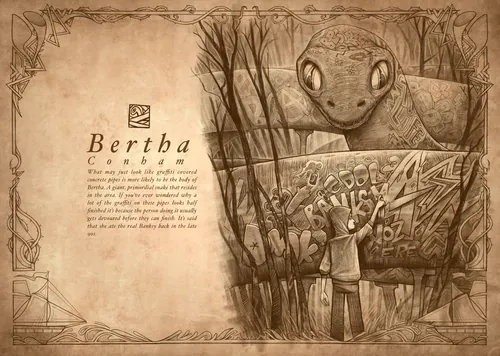 Giant turtle looking over a person writing on a chalk wall in sepia tones