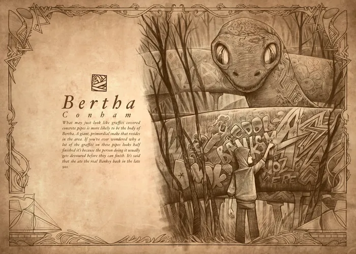 Giant turtle looking over a person writing on a chalk wall in sepia tones