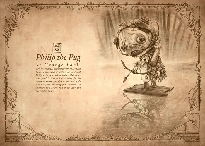 Vintage pug dressed as an archer holding a bow and arrow standing on a ledge