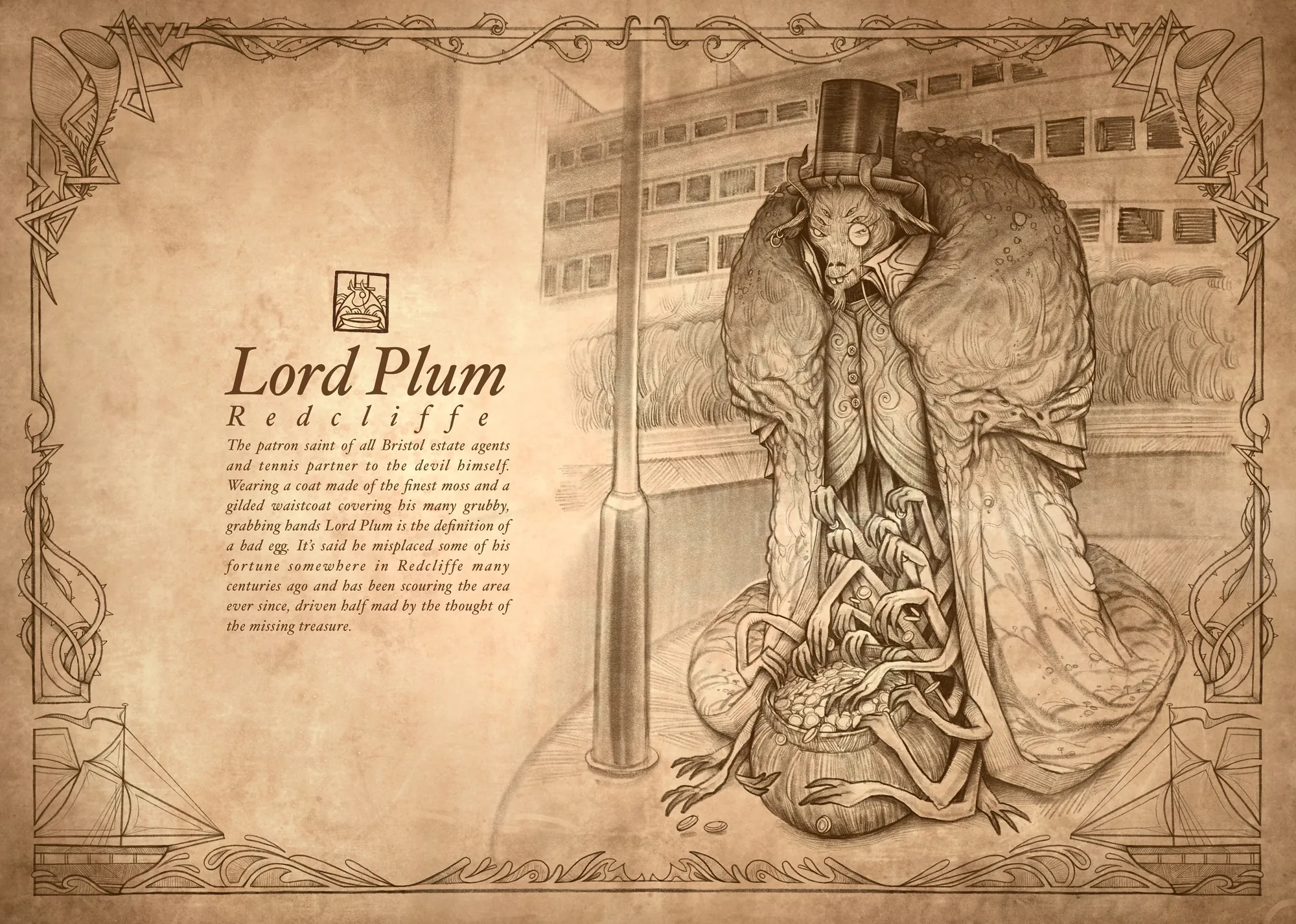 Victorian plague doctor wearing top hat with tentacle creatures on aged paper