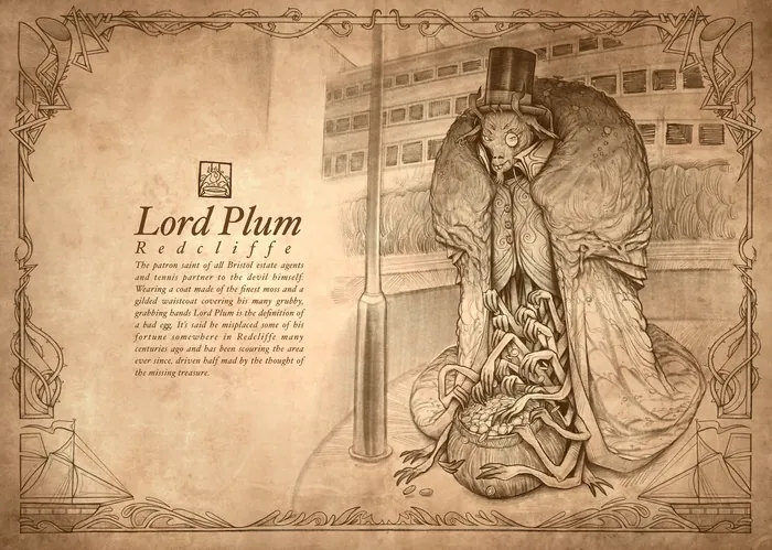 Victorian plague doctor wearing top hat with tentacle creatures on aged paper