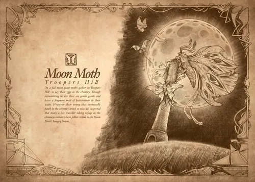 Sepia illustration of a moon moth flying near a full moon at night