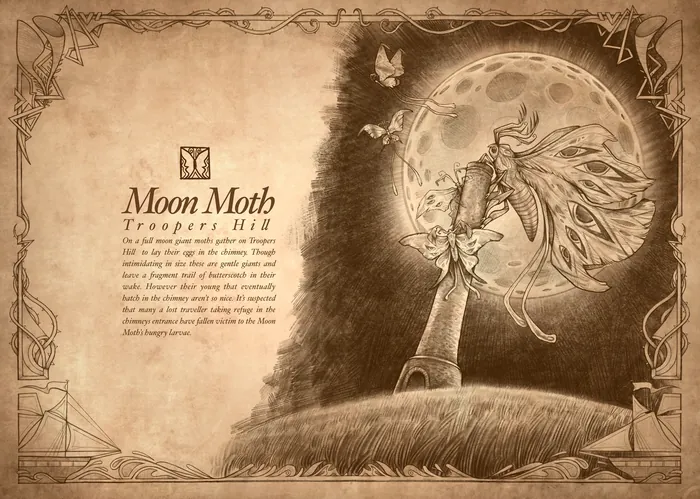 Sepia illustration of a moon moth flying near a full moon at night