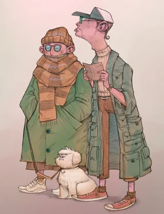 Two people in coats with a small white fluffy dog on leash